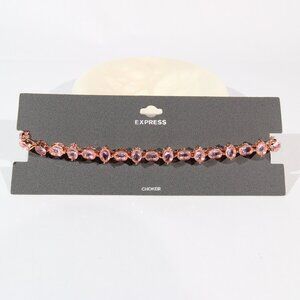 NWT Express Gold Tone Beautiful Pink Rhinestone Choker Necklace